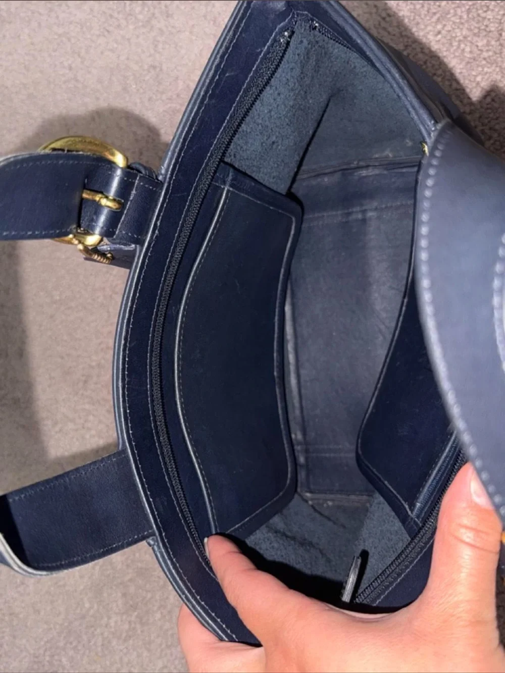 Coach vintage Waverly handbag in navy blue leather with gold hardware